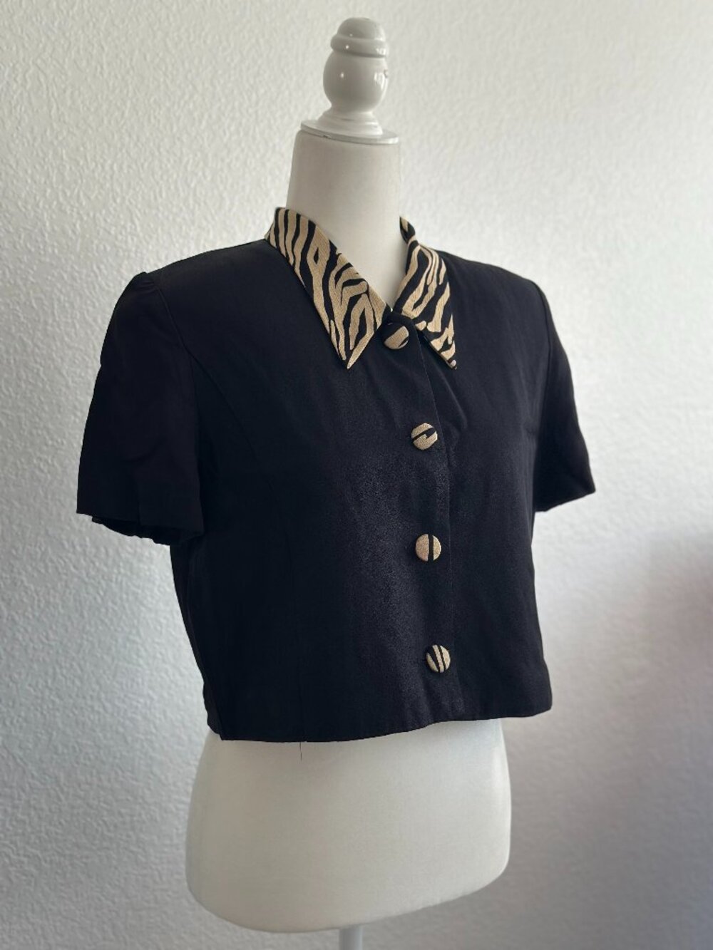 Vintage Taurus II Cropped Jacket Black Zebra Print Collar Short Sleeve Retro Chi